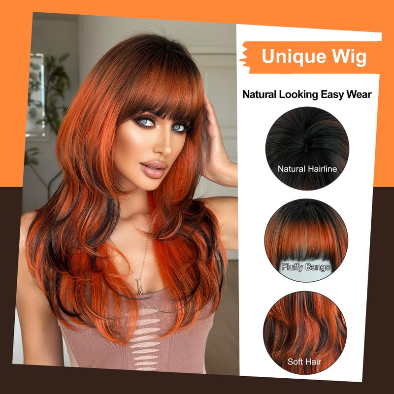 7JHH WIGS 24 Inch Ginger Orange Ombre Black Layered Tail Bangs Wig with Dark Roots Ginger Medium Length Wig Synthetic Heat Resistant Fiber Wig for Women Fashion Edgy Daily Party Cosplay - Image 3